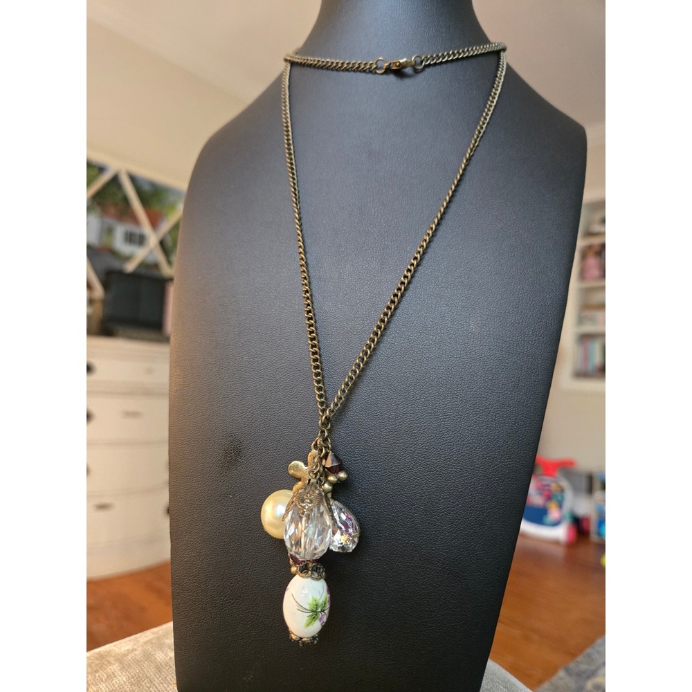 Unsigned 1928 Charm Necklace Enamel Bead Crystals Vintage